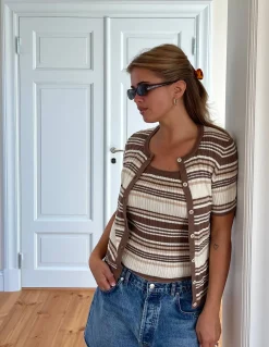 Clearance Djerf Avenue Knitted Short Sleeve Cardigan Brown Stripe