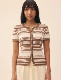 Clearance Djerf Avenue Knitted Short Sleeve Cardigan Brown Stripe