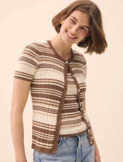 Clearance Djerf Avenue Knitted Short Sleeve Cardigan Brown Stripe