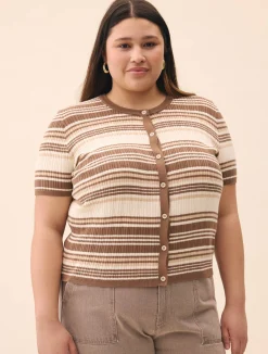 Clearance Djerf Avenue Knitted Short Sleeve Cardigan Brown Stripe