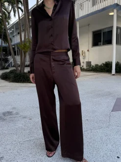 Discount Djerf Avenue Satin Viscose Pants Dark mocha