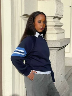 Outlet Djerf Avenue Striped Sleeve Crewneck Blue